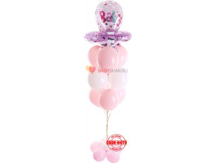Фонтан из бело-розовых шариков и фигуры соски для девочки baby