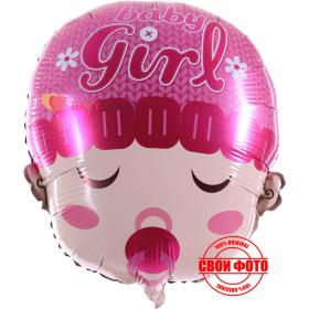 Фольгированный шар на выписку малышка в розовой шапочке с надписью girl