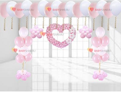 Фигура сердце, цветы, букет и шары под потолок бело-розового цвета на выписку для девочки