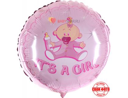 Розовый, фольгирвоанный шар с изображением малышки 